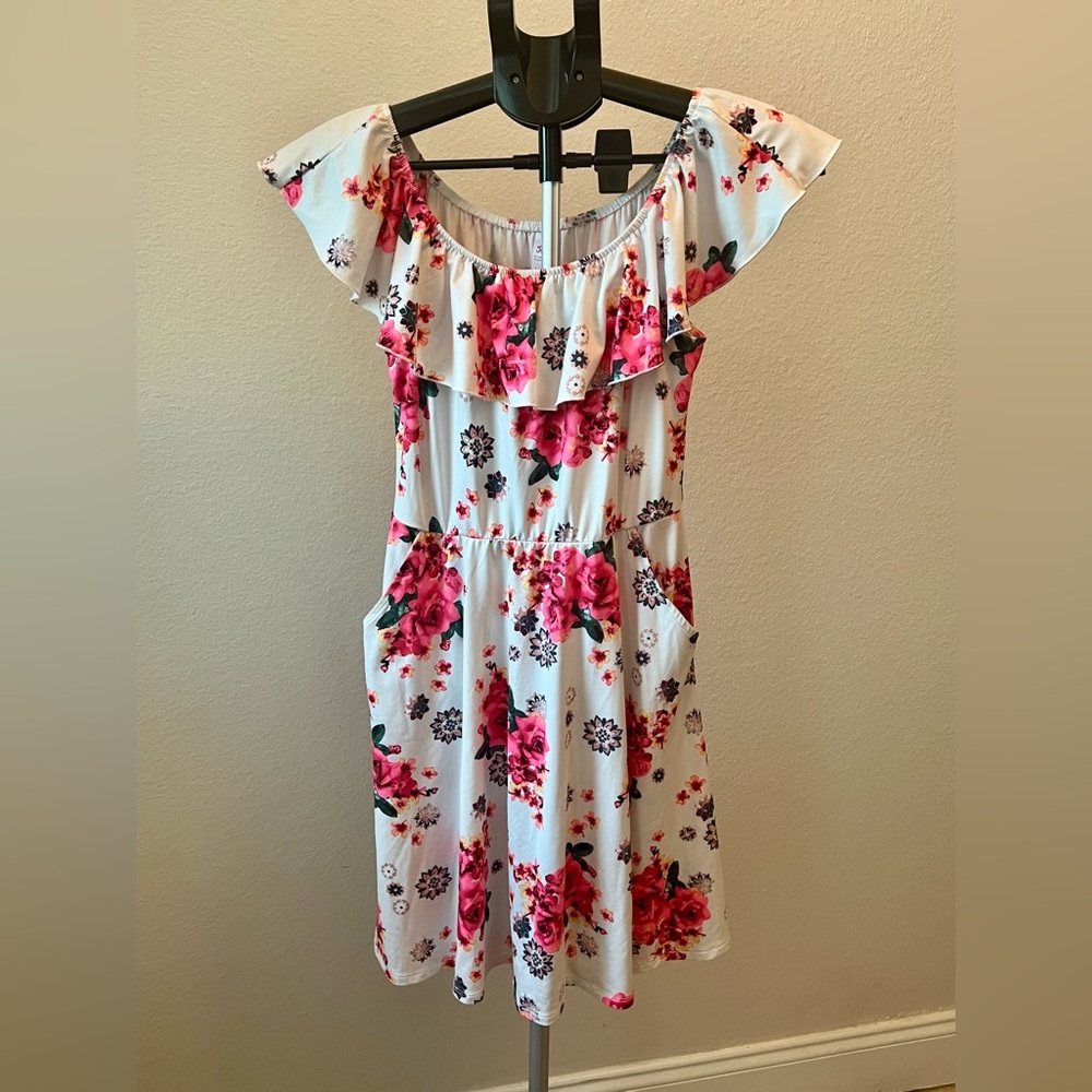 Justice White Off-Shoulder Midi Dress with Pink Floral Print